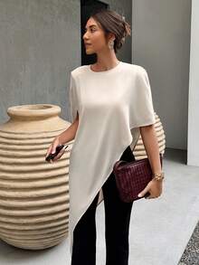 Apricot Satin Asymmetric Hem Party Blouse - Apricot - View 7