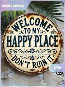 1pc "Welcome To My Happy Place" Round Metal Sign Plaque - Durable & Easy To Hang For Bedroom, Kitchen, Dining Room, Bar Decor - Home Or Office Gift, Room Decoration, 2D Flat Printing, Randomized Hole Position On Top, Bottom, Left, Right,Round Metal Sign,Tin Plaque,Wall Art Decor,Hanging Ornament,Aluminum Sign,2D Flat Print,Vintage Retro,Bistro Decor,Shelf Decor - 彩色 - 查看 1
