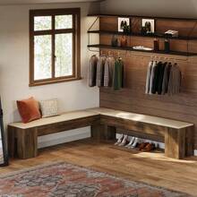 LITTLE TREE L-Shaped Bench, 61" Entryway Shoe Bench With Padded Seat Cushion, Corner Breakfast Nook Seating For Dining Room, Kitchen, Cloakroom, Entryway, White And Brown, - 白色 - 查看 5