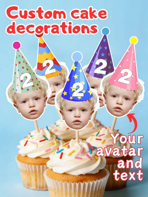 Decoradores personalizados de cupcakes con foto - Decoraciones de cupcakes con caras personalizadas, decoraciones de cupcakes o pasteles con forma de sombrero personalizadas, decoraciones de cupcakes personalizadas con formas de cara, decoraciones de pasteles de cumpleaños, decoraciones de cupcakes con forma de sombrero de fiesta