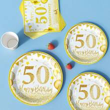 50周年金色气球一次性餐盘、餐巾纸、杯子套装，派对用品，可供8位客人使用，一次性纸盘，派对餐具，适用于生日、婚礼、主题派对、家庭野餐 - 彩色 - 查看 4