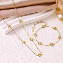 1 Set de joyería de acero inoxidable con pulsera y collar minimalista de lujo y delicada con diseño de flor de cinco hojas para mujeres - Amarillo Oro - Ver 5