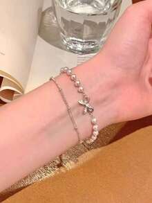 1pc Luxury Double-Layer Bowknot & Pearl Stacked Bracelet - Silver - View 3