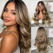 13x4 中分渐变棕色和金色合成蕾丝前假发，柔软长波浪发型，自然预修剪发际线和婴儿发。 - 彩色 - 查看 1