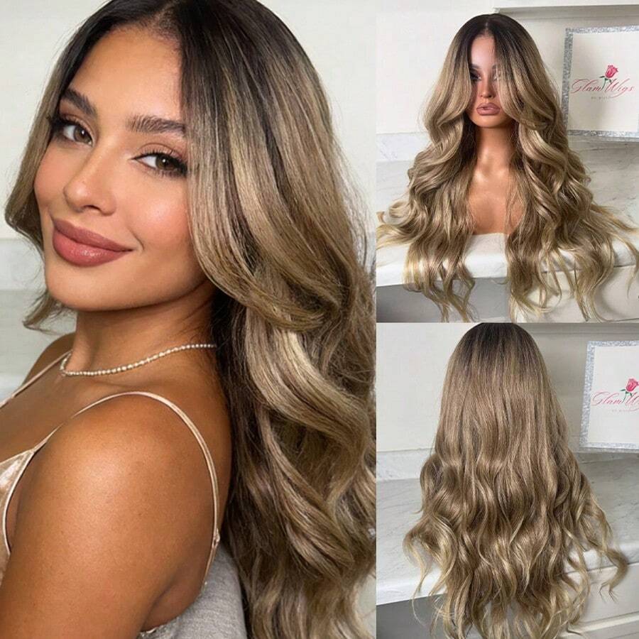 13x4 中分渐变棕色和金色合成蕾丝前假发，柔软长波浪发型，自然预修剪发际线和婴儿发。 - 彩色 - 查看 1