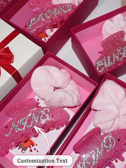 2pcs/Set Personalized Name Crystal Hair Clip Set, Customized Bridesmaid Gift, Includes Hair Scrunchie & Name Hair Clip, Perfect Valentine's Day Gift For Her (Gift Box Not Included)