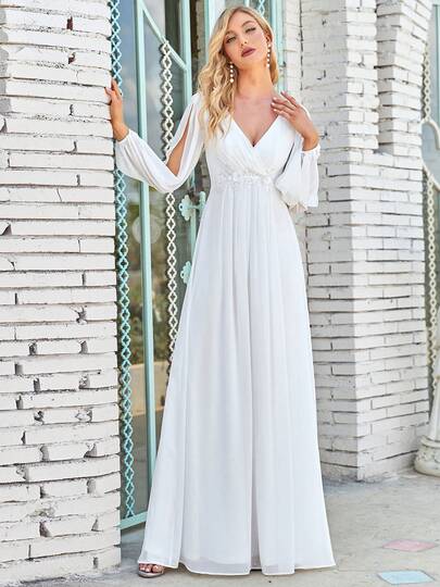 Romantic V-Neck Slit Lantern Sleeve Applique White Dress, Bridal Shower Gown Engagement Dress For Spring Summer Wedding Party