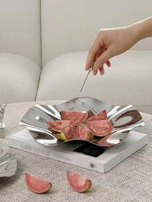 1 pièce Plateau à fruits en acier inoxydable de style luxe avec miroir, assiette à dessert créative de niche, plateau à fruits asymétrique haut de gamme pour la maison, la décoration de la table basse du salon - Argent - Voir 9