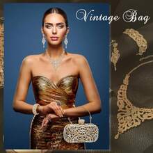 Quelay 4 Pcs Purse Rhines Jewelry Set Evening Clutch Bag Bling Crystal Necklace Dane Earrings Bracelets Accessories - Oro, negro - Ver 5