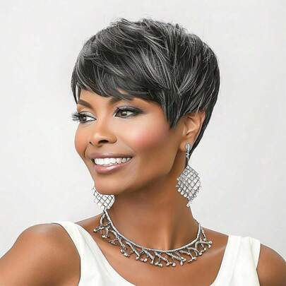 Short Curly Wigs Pixie Cut Wig Short Hair Black Wig With Bangs Natural Wavy Synthetic Wigs (Black Mixed Grey)