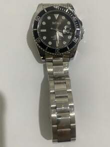 BIDEN 1块男士腕表，商务休闲风格，银色不锈钢表带，防水夜光指针自动日期显示石英表 - 黑色 - 查看 9