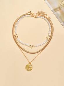 3pcs/Set Fashion Ocean Style Faux Pearl Handmade Beaded Necklace With Starfish & Shell Pendant, Suitable For Beach Vacation, Daily Wear, Dating, Popular Jewelry For Women - Gold - View 2