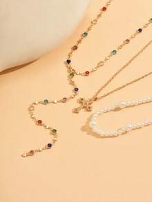 3pcs/Set Fashionable Multi-Layer Pearl Necklace With Rhinestone Cross Pendant, Versatile Jewelry For Daily Wear, Dating, Photo Shoot, Party - Multicolor - View 3