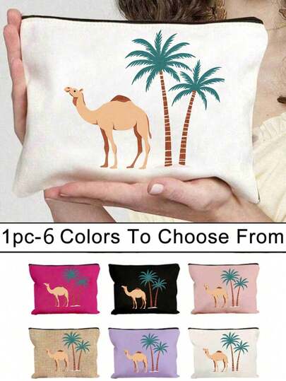 Makeup Bags Featuring Camels And Coconut Trees, Travel Grooming Bags,Cartoon Fun Multi Functional Canvas Bag, Charger Storage Bag,Travel Essential Makeup Bag: Girls' Travel Survival Bag, Men's And Women's Zipper Bag, Cosmetics, Makeup And Travel Essential Lightweight Reception Bag, Perfect Gift For Teenagers, Birthday And Travel Accessories,Holiday Gifts,Suitable For Beaches And Travel Purposes