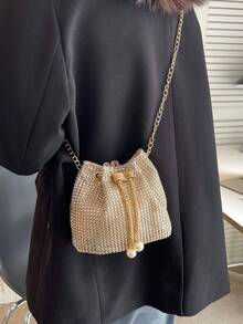 Women's Shiny Fashion Street Drawstring Bucket Bag With Chain Shoulder Strap - Gold - View 4