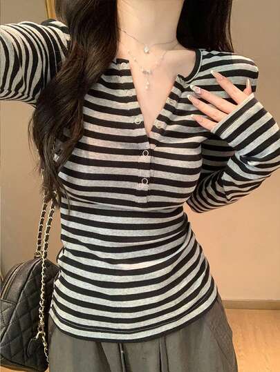 韩版条纹T恤打底衫，修身长袖上衣
