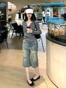 韩版条纹T恤打底衫，修身长袖上衣 - 灰色 - 查看 4