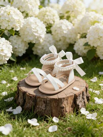 Infant Girl Sandals, Pearl Ribbon Infant Sandals Infant Girl Sandals First Walkers, Soft Sole Crib Shoes For Newborns And Toddlers