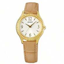 Orient Women's Luxury Gold Rhinestone Bezel Elegant Beige Leather Band Quartz Wrist Watch With Arabic Numerals FQC10006W0 - White - View 6