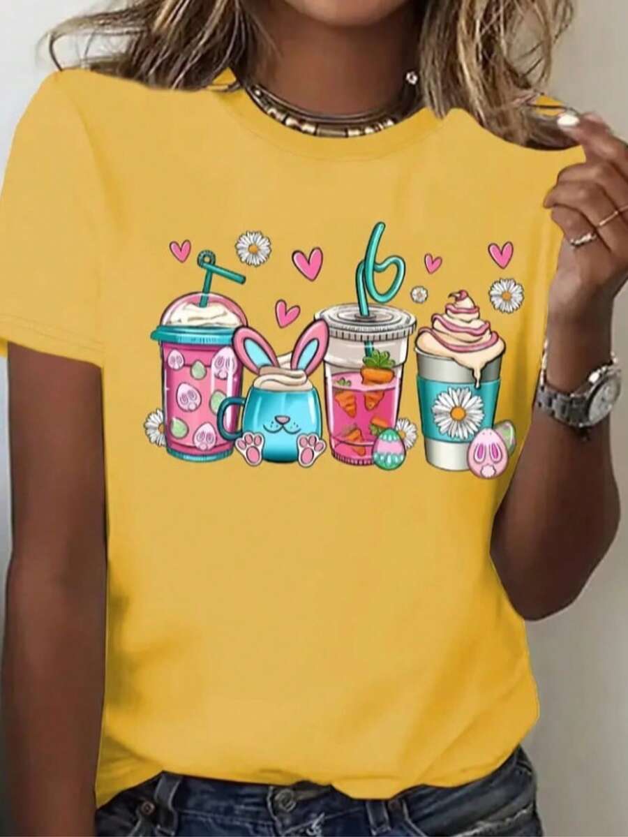 Camiseta Feminina Premium 100% Algodão Confortável Estilosa Soifisticada Modelo: Shakes - Novidade Promoção Especial - Amarelo - Visão 1