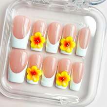 DiDaNail 10 PCS Handmade Square Press-On Nails | Nude Pink French Yellow Hibiscus Sweet Style With Nude & Pink Bases, 3D Yellow Hibiscus & French Manicure - 黃色 - 查看 9