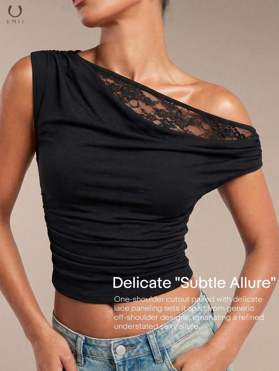 New Lace Patchwork Ruffle Trim One Shoulder Slim Fit Sexy Crop Top, Summer - Black - View 1