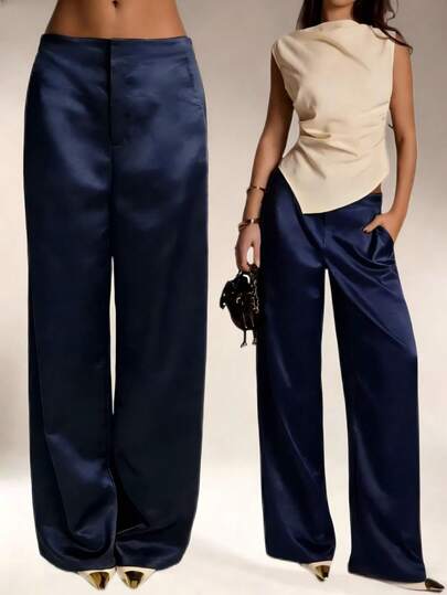 Pantaloni in seta di raso di colore unito con tasche e zip, adatti per vacanze, ufficio, brunch, aeroporto, tutte le stagioni primavera