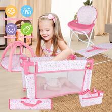 4-In-1 Baby Doll Pretend Play Set With Highchair, Bed, Cradle And Play Mat - 粉色 - 查看 6