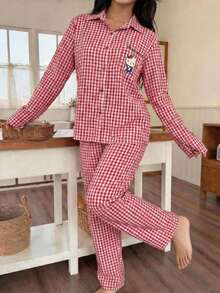 2pcs Sanrio Hello Kitty Pajama Set, Long Sleeve Plaid Print Shirt Top + Pants, Cute Large Print - Red - View 5