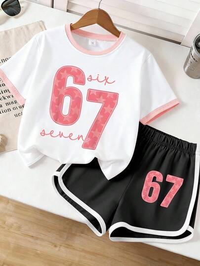 2pcs/Set Girls' Outfit, Including Short Sleeve Top And Shorts, White And Pink Contrast Color, With "67" Star Print. Comfortable, Breathable, Fashionable And Cute, Loose Fit, Versatile. Suitable For Girls' Daily Casual Wear, Playing, Perfect Summer Outfit For Girls.
