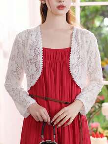 1 chiếc áo khoác cardigan ren mỏng nhẹ, áo khoác mùa hè thanh lịch tay dài thoáng mát, có thể phối cùng váy slip dress. - trắng - Xem 11