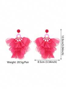 Bohemian Chiffon Flower Petal Drop Earrings Handmade Lightweight Layered Fabric Jewelry For Women Tropical Beach Vacation Party - Rose Red - View 3