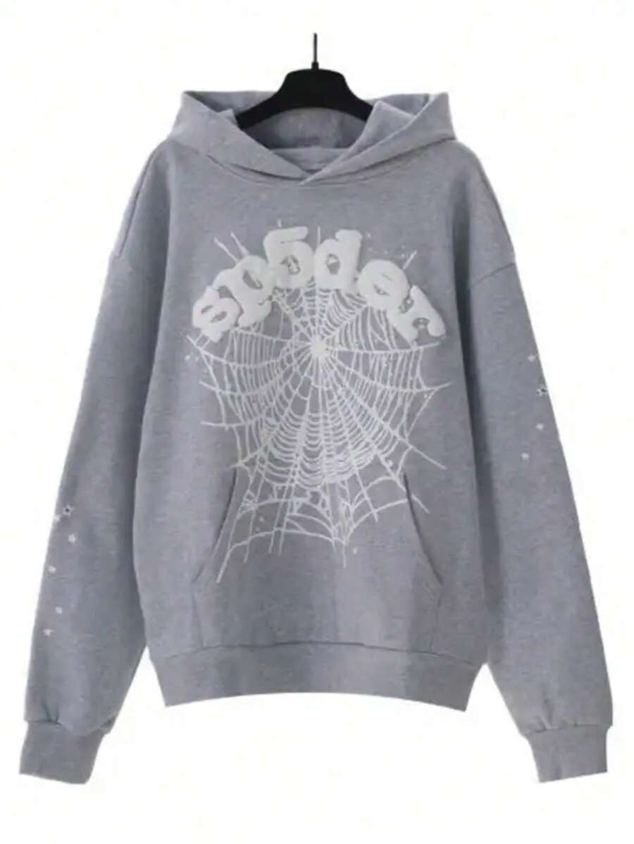 Y2K Spider Web Hoodie For Women, Oversized Graphic Pullover With Pocket, Casual Streetwear - 灰色 - 查看 1