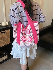 Summer New Casual Fashion Straw Tote Bag, Large Capacity Shoulder Bag For Women - Pink - View 6