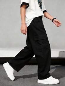1件装休闲宽松直筒工装裤，带大口袋，美式设计，适合青少年男孩 - 黑色 - 查看 3