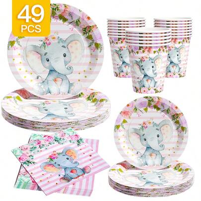 Pink Elephant & Flower Disposable Plate, Napkin, Cup Set, Plates, Napkins And Cups Party Supplies, Serves 8 Guests, Disposable Paper Plates Party Tableware Suitable For Birthday, Wedding, Theme Party, Family Picnic
