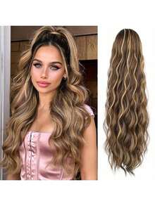 26英寸长卷曲波浪抽绳马尾假发，合成假发，适合女性日常佩戴 - 彩色 - 查看 4