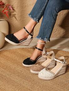 透气闭趾时尚休闲绳编坡跟女凉鞋 - 黑色 - 查看 6