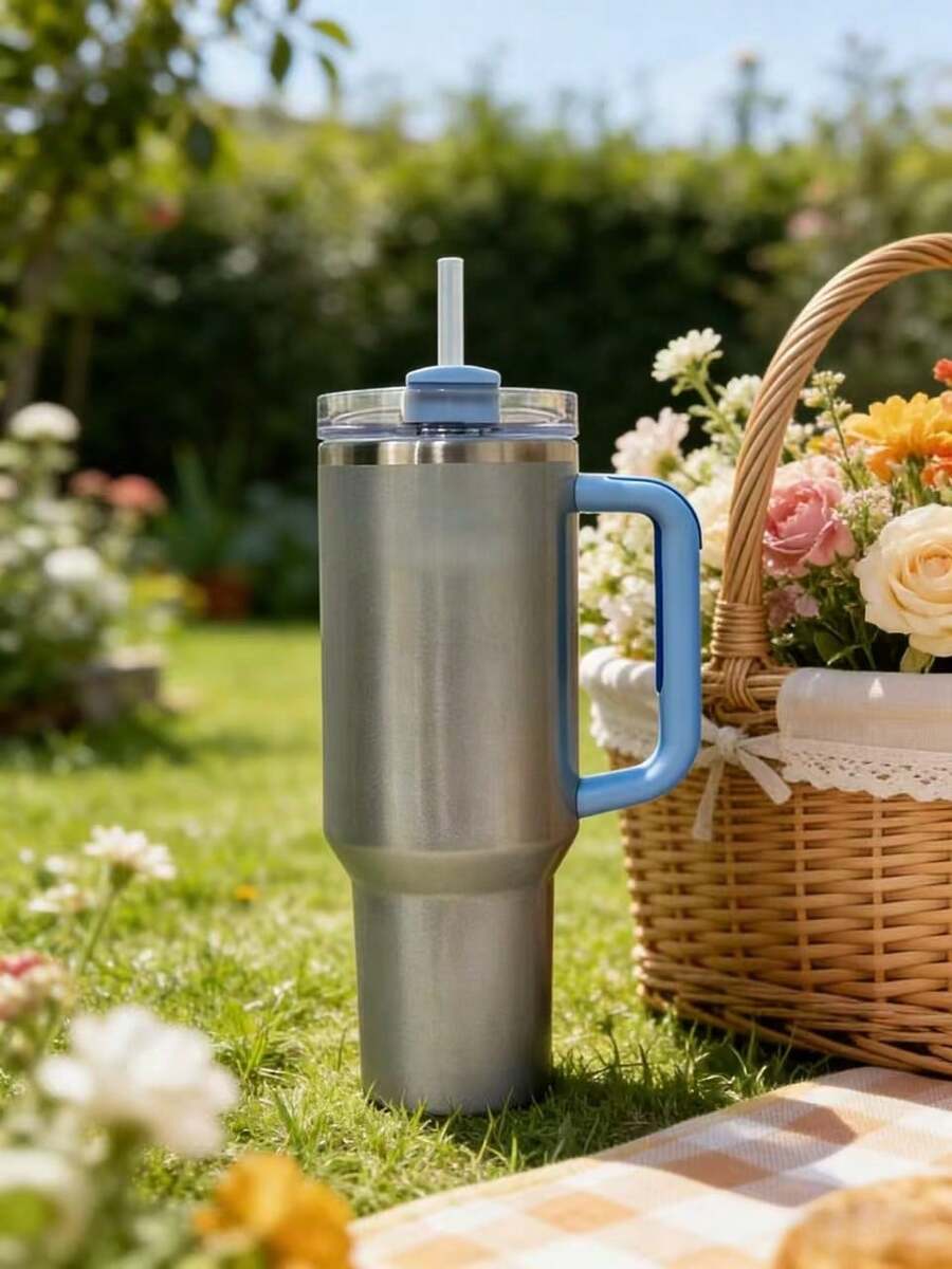 Classic Gloss 40oz Stainless Steel Tumbler - Leak-Proof, Double-Wall Insulated With Straw & Handle, Keeps Drinks Hot/Cold, Perfect For Home, Office, Outdoor & Valentine's Gift - 亮面款-銀鈦色 - 查看 1
