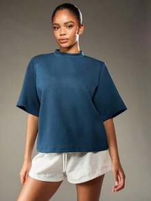 Valentine Outfits For WomenMISSGUIDED Oversized T Shirt Mock Neck Wide Half Sleeve Boxy Fit Casual Office Weekend Fall Winter Fashion Minimalist Vers - 藏蓝色 - 查看 6