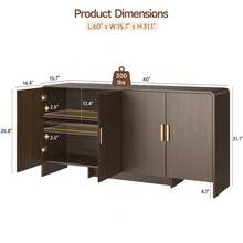ONBRILL 60" Sideboard Buffet Cabinet With Storage, Curved Design Farmhouse Coffee Bar Cabinet With 4 Doors & Adjustable Shelves, Mid-Century Modern Sideboard Cabinet For Living Room, Kitchen, Hallway, Walnut - 棕色 - 查看 4