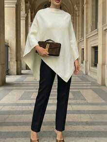 Women's Asymmetric Poncho Style Sweater, Round Neck Batwing Sleeve Knit Top - Beige - View 5