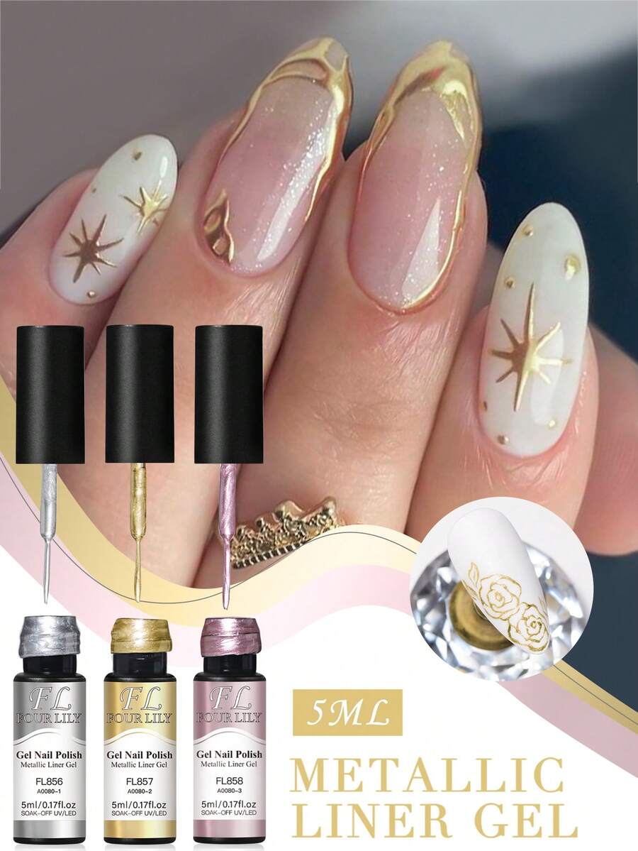 FOUR LILY 5ml Metallic Nail Gel Polish - 5ml Mirror Effect Suitable For 3D Nail Art, French And Painting Designs, Home Manicure DIY Kit Nails - Multicolor - View 1