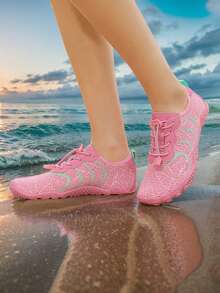 1 Pair Unisex Breathable Striped Print Mesh Casual Shoes, Lace-Up Low-Top Barefoot Shoes, Rubber Outsole Outdoor Couple Cycling Shoes, Suitable For Indoor Running, Yoga, Jumping Rope, Outdoor Vacation, Beach, Water Sports - Pink - View 12