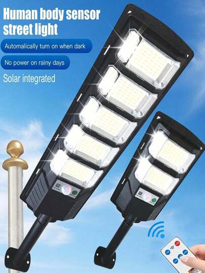 1个96/240 LED太阳能户外壁灯，商用太阳能路灯，带运动传感器和遥控器，多种照明模式，黄昏到黎明自动开启，适用于车道、停车场、庭院、露台、花园。两种尺寸可选，安装简便（壁挂式或吸顶式）。