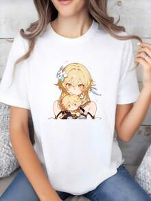 Cute Anime Girl Graphic T Shirt Unisex, Sweet Soft Illustration Tee, Daily Streetwear Pick For Anime Fans Who Love Cute Characters - 白色 - 查看 3