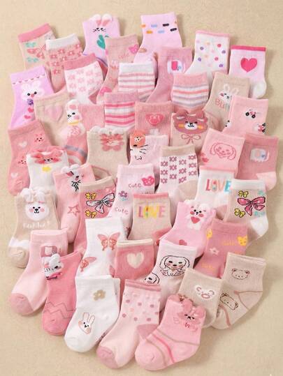 24/12/6 Pairs Random Pattern Baby Girl Pink Ankle Socks, Designs Include Bow, Heart, Butterfly, Rabbit, Beetle, Star, Flower, Teddy Bear, Suitable For 0-36 Months Baby Girls, Matching All Outfits, Cute Girls Socks For All Seasons, Great For Valentine's Day/Thanksgiving Gift