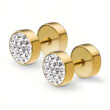 2pcs Fashionable Stainless Steel Inlaid Synthetic Zirconia Round Stud Earrings, Unisex - White - View 10