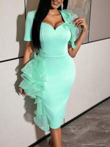 Mint Green Elegant Mid-Length Dress, Heart-Shaped Neckline With Ruffle Design, Fitted Style, Suitable For Wedding Guests And Cocktail Parties - Mint Green - View 1