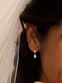 14K镀金CZ珍珠新娘耳环，低过敏镀金耳环，优雅新娘珍珠首饰，女士款 - 水滴珍珠垂墜款 - 查看 7